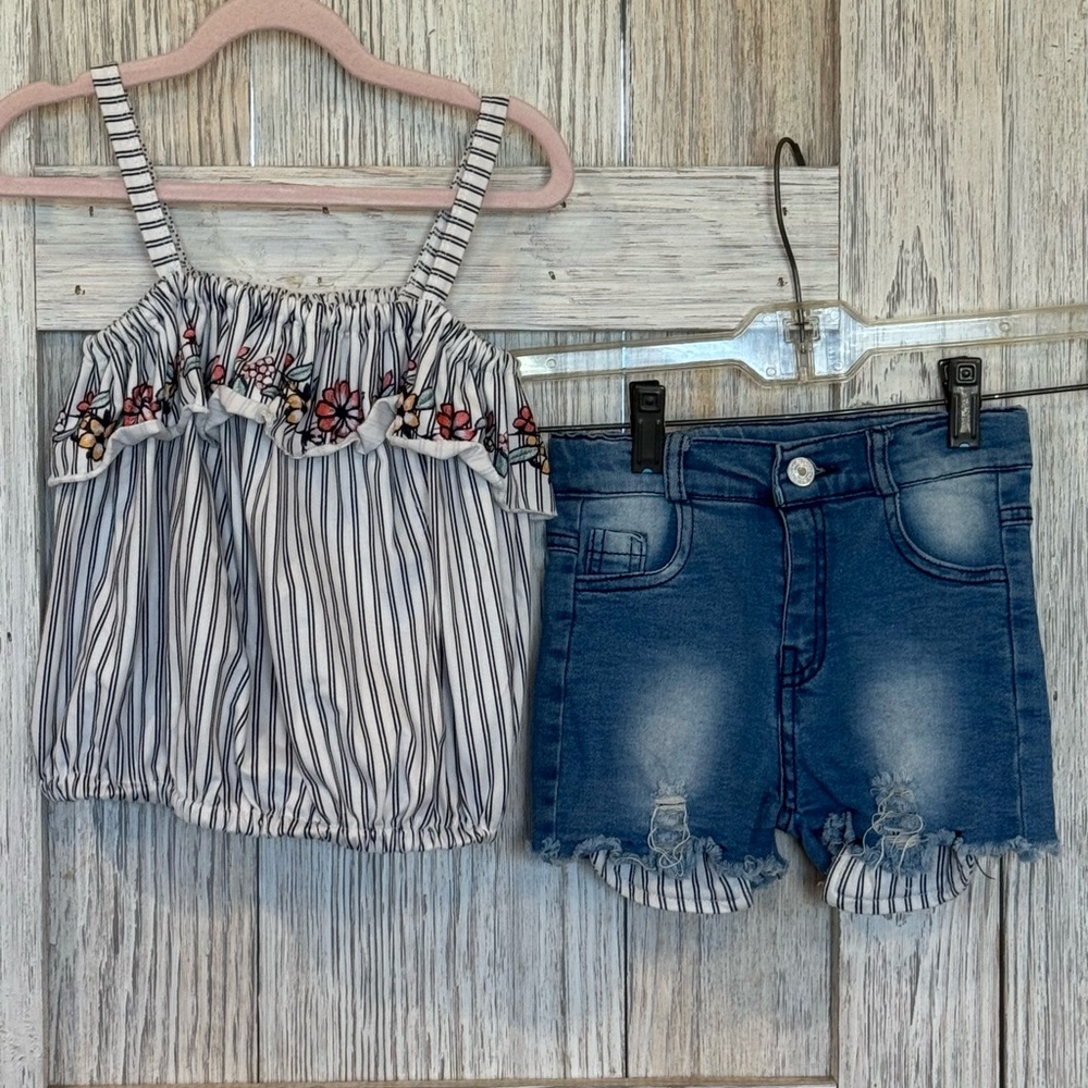 Dash of Glitter Striped Floral Top & Denim Short Set sz L fits like girls sz 4T